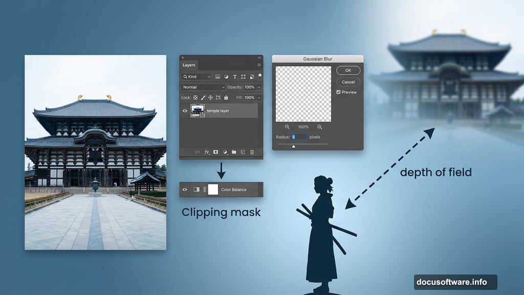 Gaussian Blur at 8 pixels separates temple background from foreground model