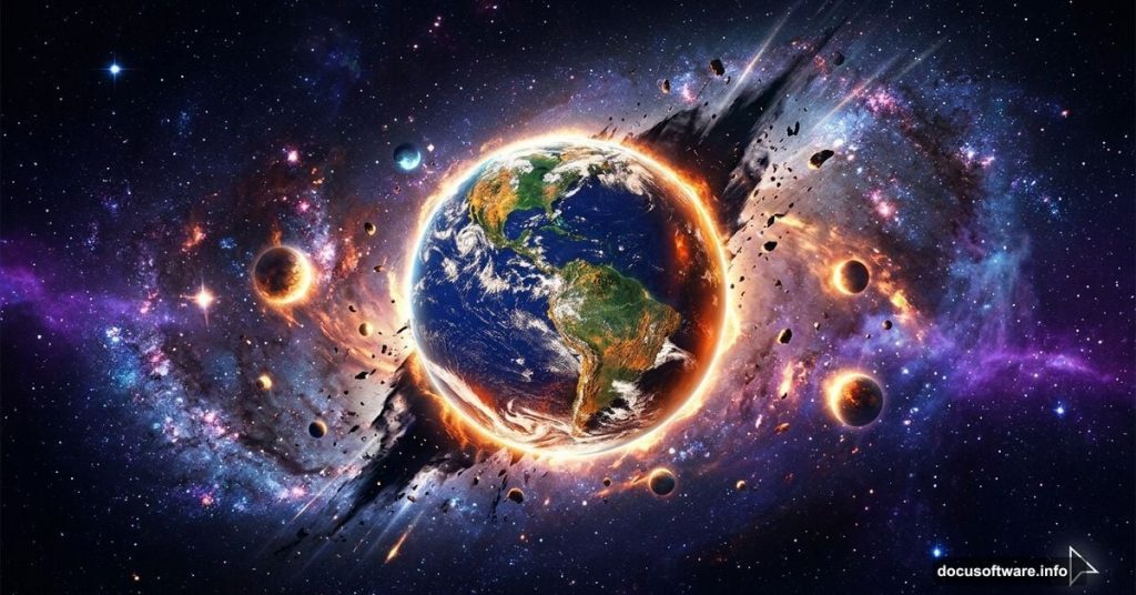 Dramatic galaxy apocalypse scene with glowing Earth and cosmic void