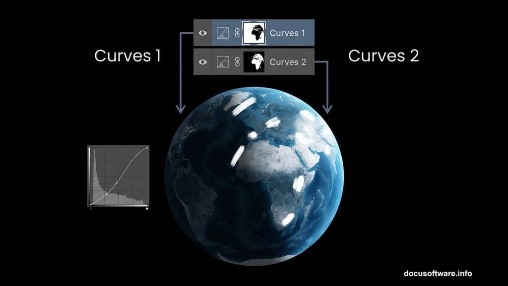 Curves adjustment layers controlling dramatic lighting on Earth planet surface