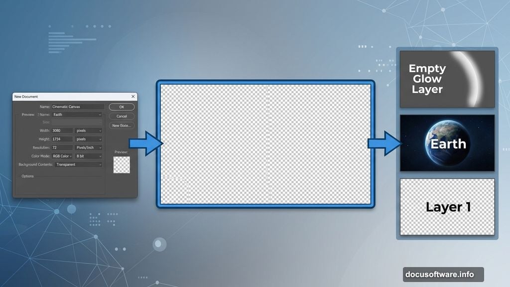 Photoshop canvas setup at 3080px width with transparent background layers
