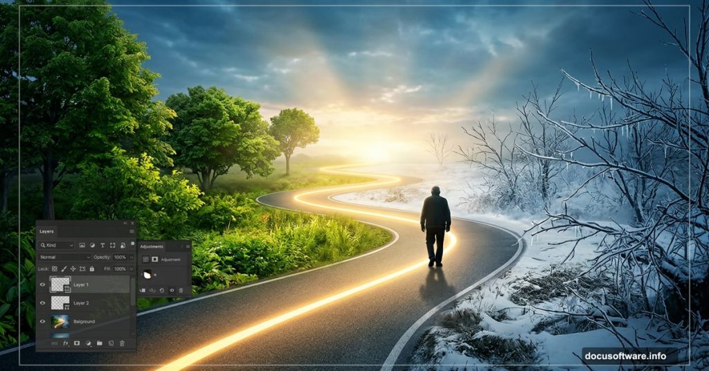 Zigzag road through seasons symbolizing life's journey in Photoshop
