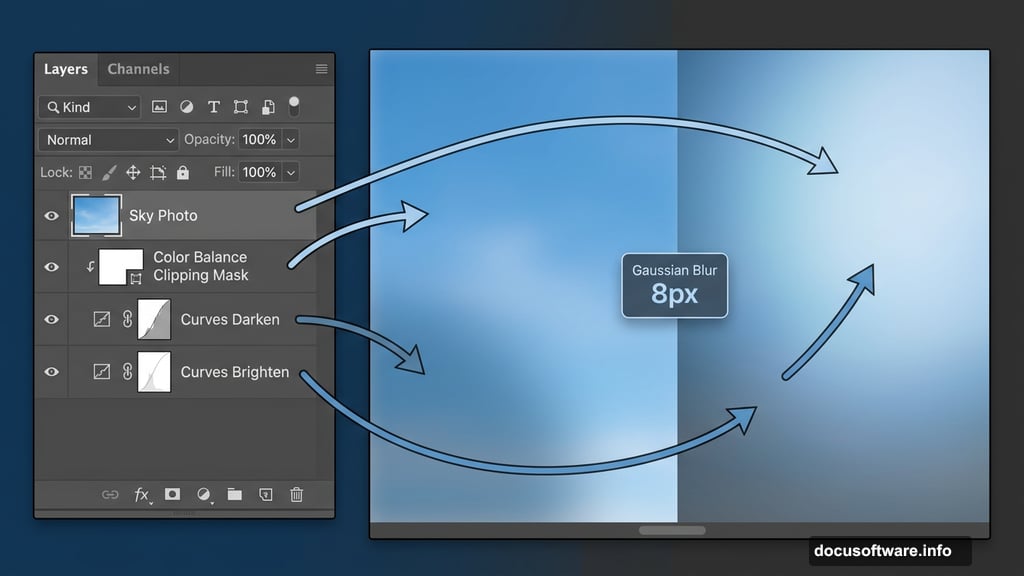 Softened blue sky with Color Balance and Curves adjustment layers applied