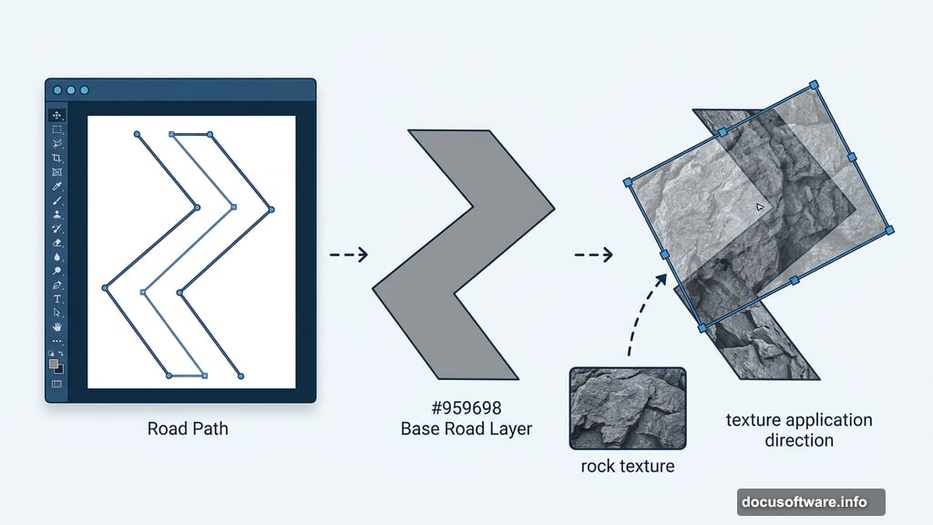 Zigzag road shape filled with grey color and rock texture applied