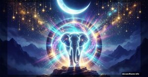 Glowing elephant silhouette before a magical portal with stars and moon