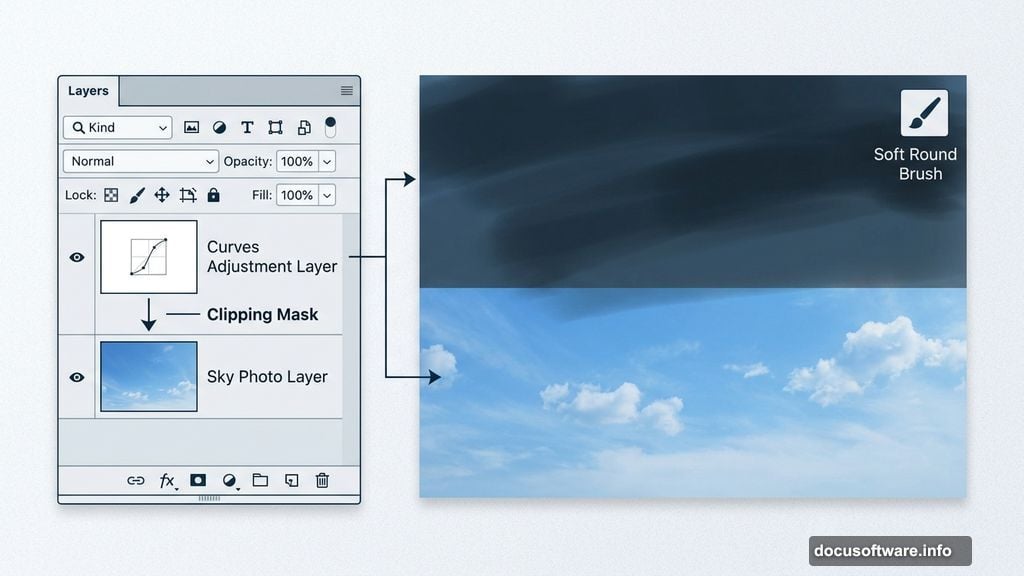Curves adjustment layer clipping mask reduces sky brightness selectively