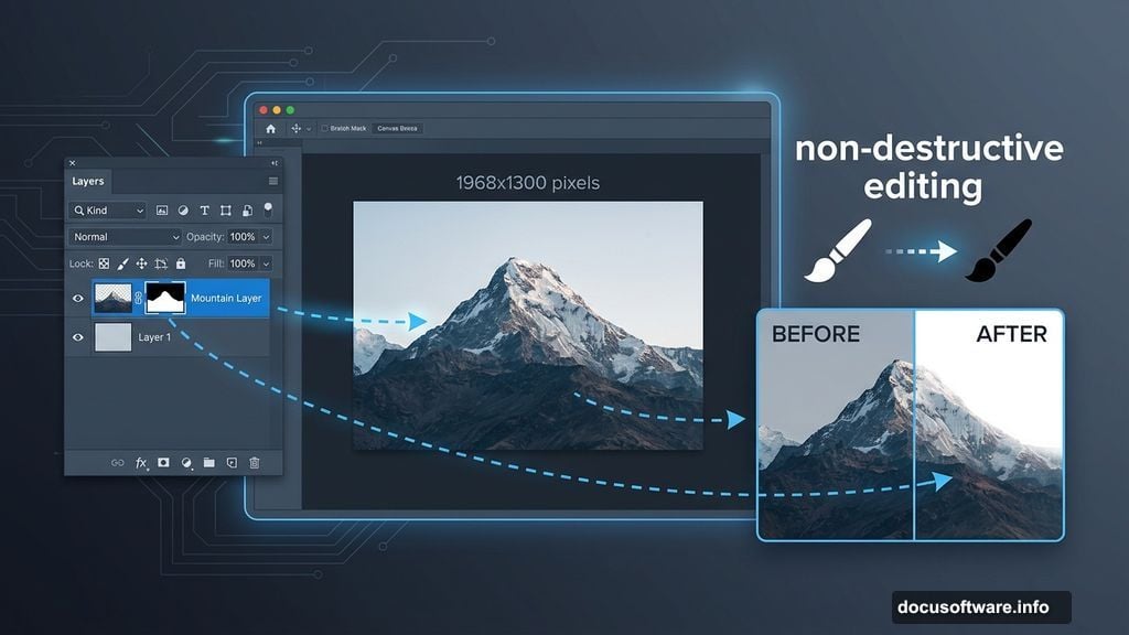 Layer masking hides mountain sky pixels with non-destructive soft brush