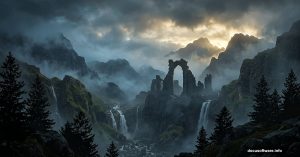 Cinematic misty mountain matte painting with ruins and waterfalls