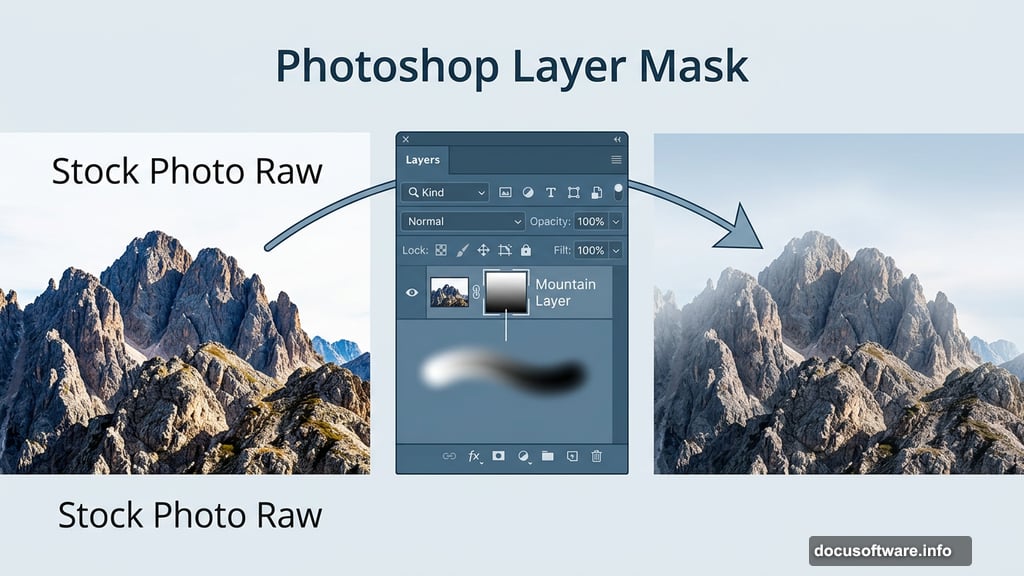 Layer masks blend misty mountain stock photo into sky background