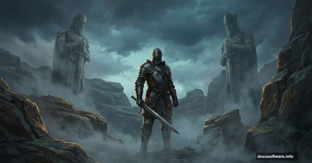 Armored knight standing in foggy rocky fantasy landscape with statues