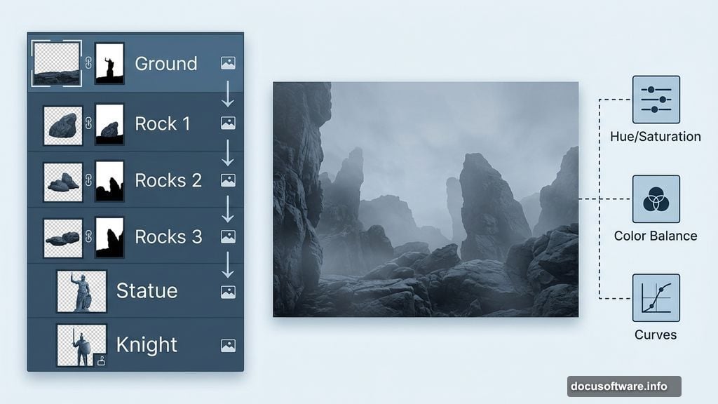 Photoshop layers and adjustment layers building a rocky landscape scene