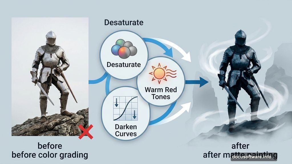 Knight stock photo transformed through color grading and fog into matte painting