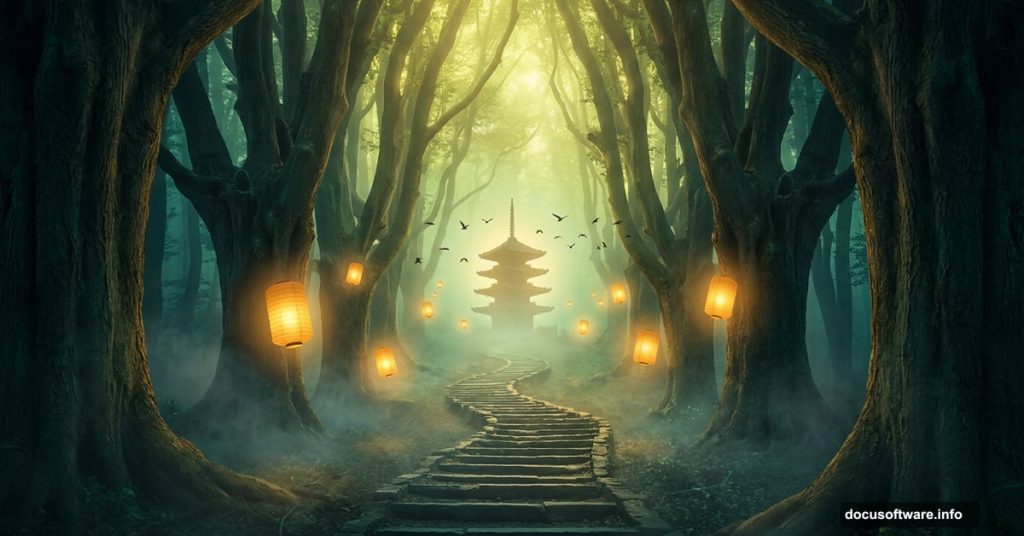 Mysterious glowing forest scene with pagoda staircase and floating lanterns