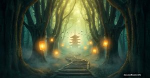 Mysterious glowing forest scene with pagoda staircase and floating lanterns