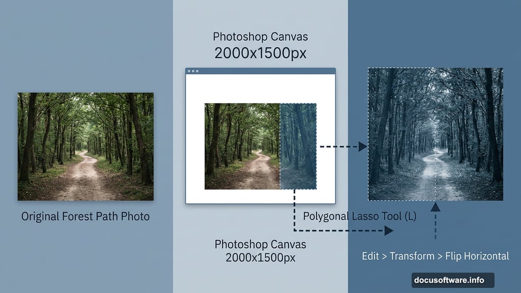 Polygonal Lasso Tool mirrors forest path creating symmetrical tunnel-like depth