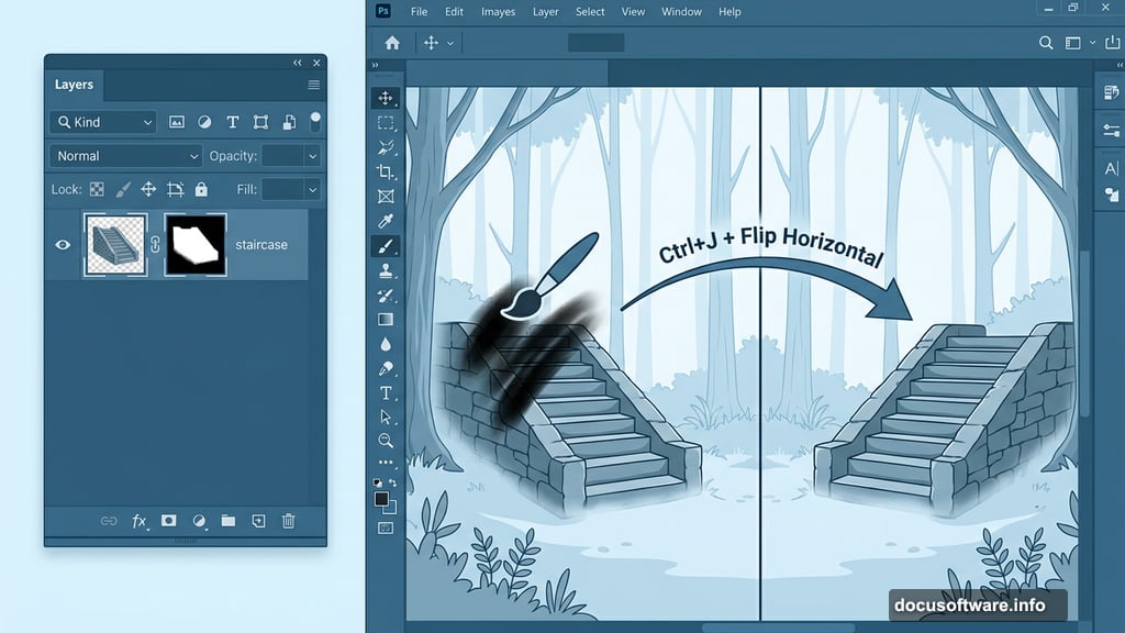 Staircase compositing with layer masks blending into mysterious forest scene