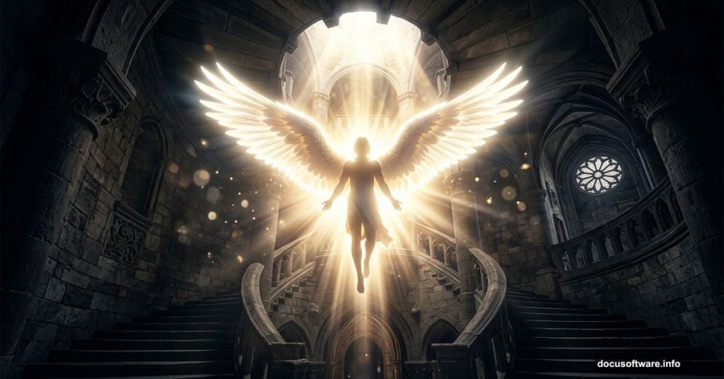 Glowing angel with white wings rising from dark gothic castle stairway