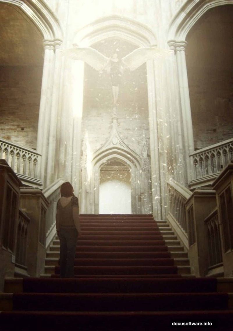 Castle stairway fills lower portion of frame with upward perspective