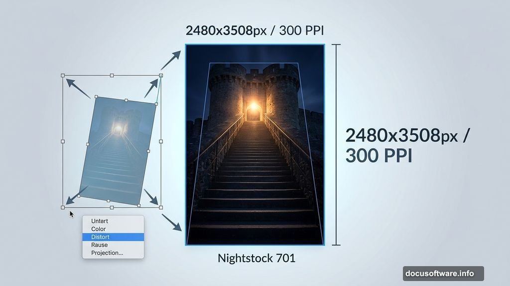 Castle stairway positioned using Distort Transform tool for dramatic upward perspective