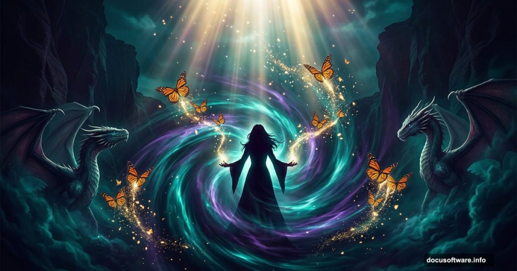 Mystical enchantress with dragons and magical light in dark fantasy scene