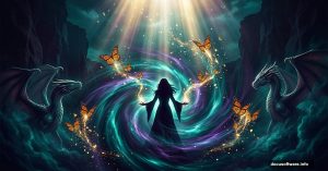 Mystical enchantress with dragons and magical light in dark fantasy scene