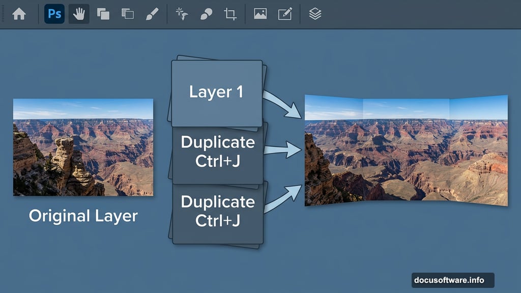Building landscape foundation using duplicated canyon layers in Photoshop