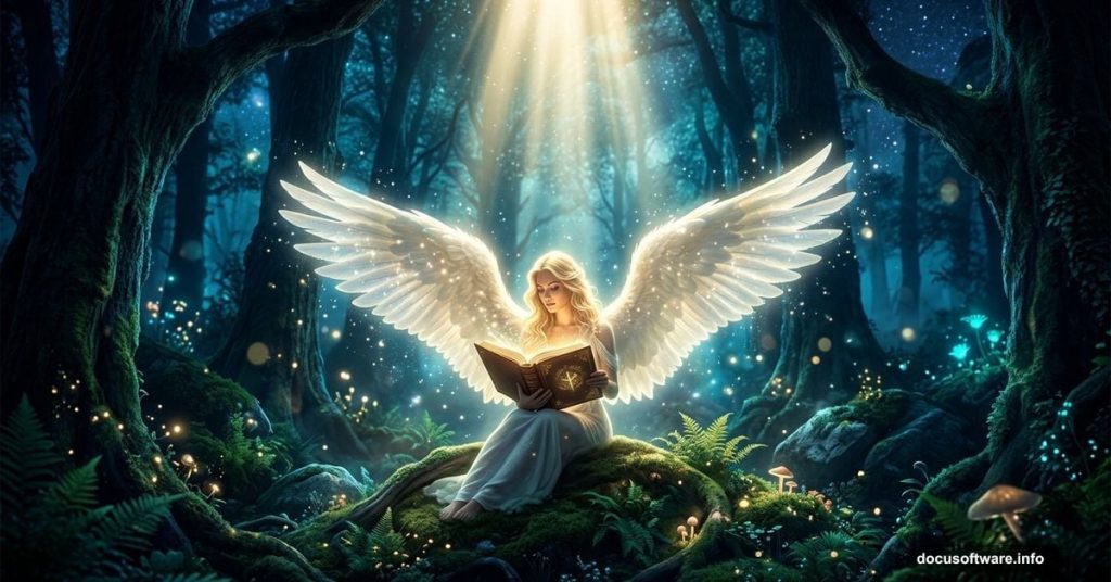 Glowing angel with wings reads book in mystical night forest