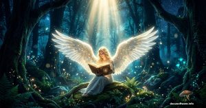 Glowing angel with wings reads book in mystical night forest