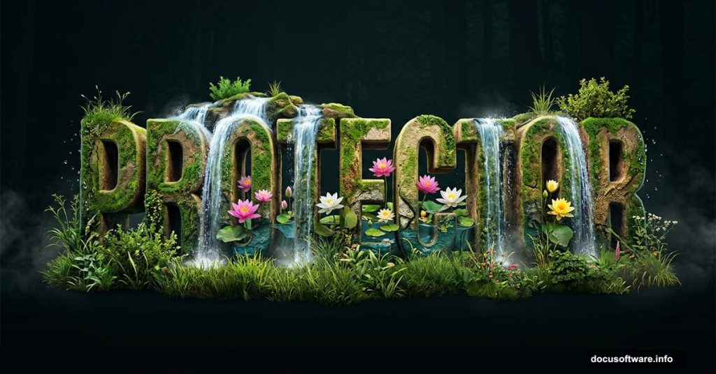 3D letters covered in grass, flowers, and waterfalls merging with nature