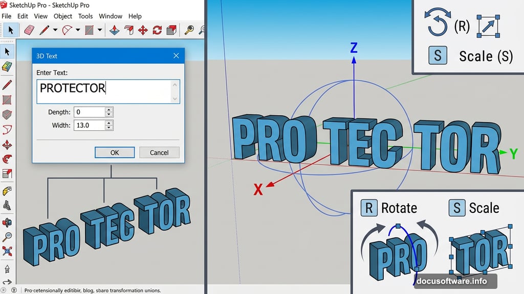 SketchUp Pro 3D Text tool splits PROTECTOR into PRO TEC TOR blocks