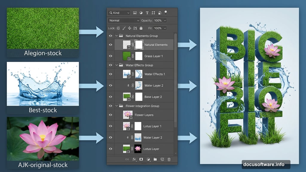 Photoshop compositing layers blend grass water and lotus flower textures