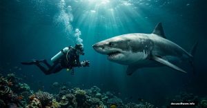 Scuba diver face-to-face with massive great white shark underwater