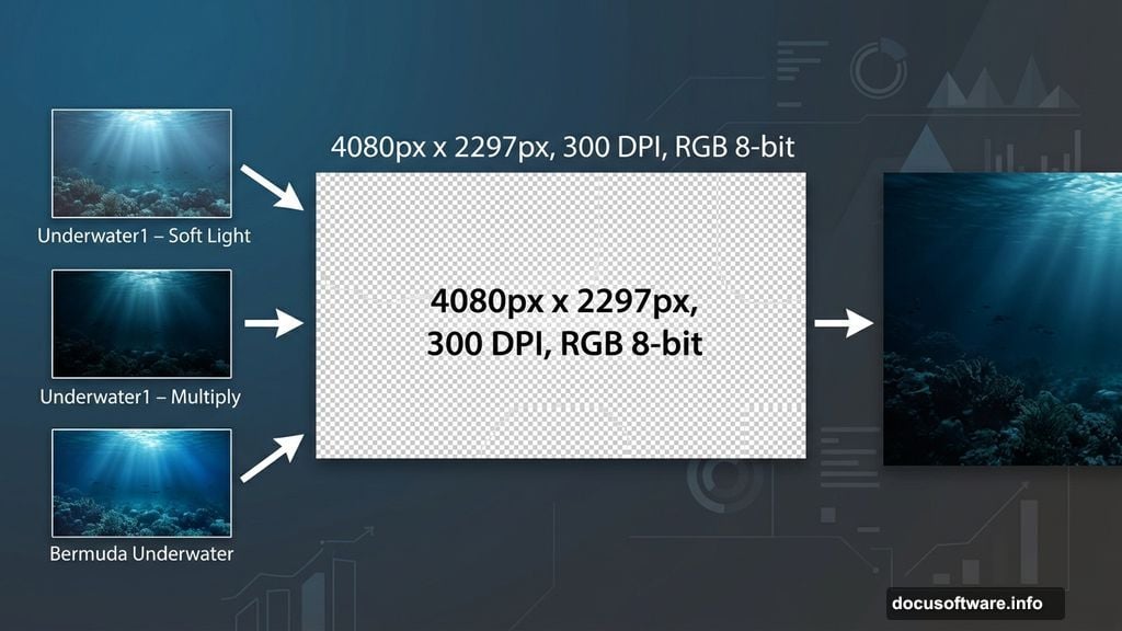Three stacked underwater photos with Multiply and Soft Light blend modes applied
