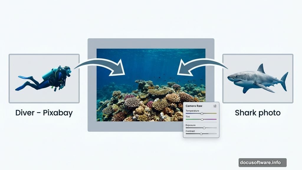 Scuba diver swimming close to a great white shark in cinematic underwater scene