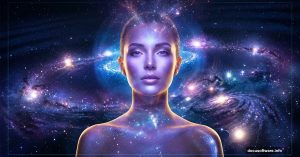 Glowing woman portrait blending into cosmic space nebula background
