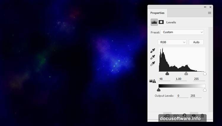 Levels and Hue/Saturation adjustment layers clipped to space background