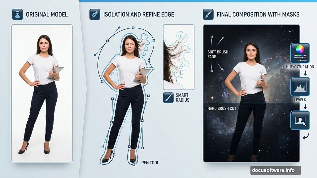 Model cutout placed center canvas with layer mask and adjustment layers