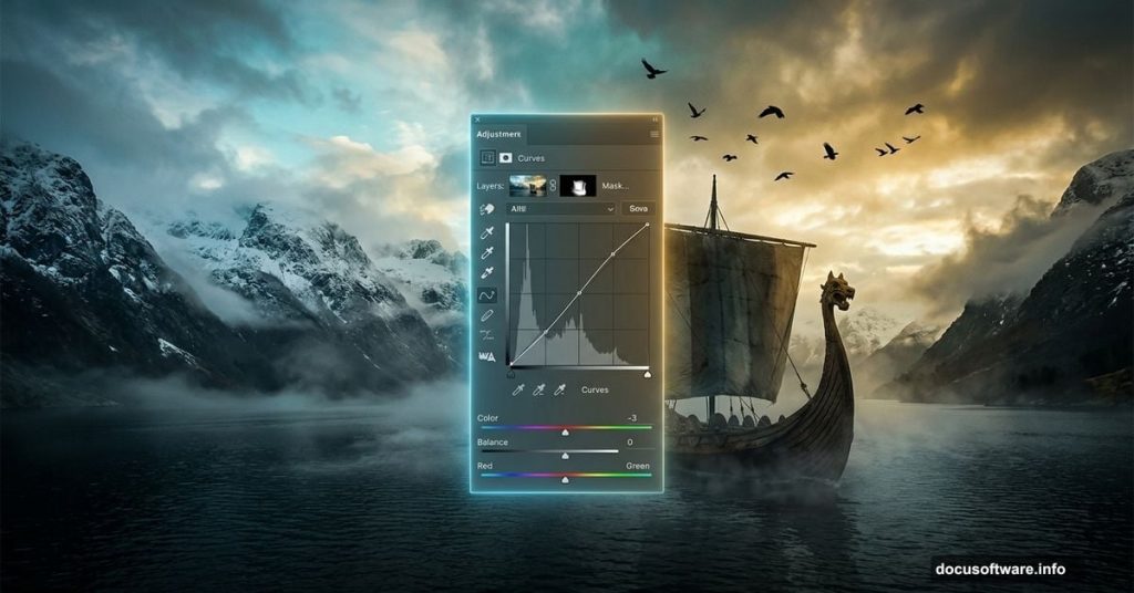 Ancient Scandinavian Photoshop photo manipulation with Viking longship and misty fjord
