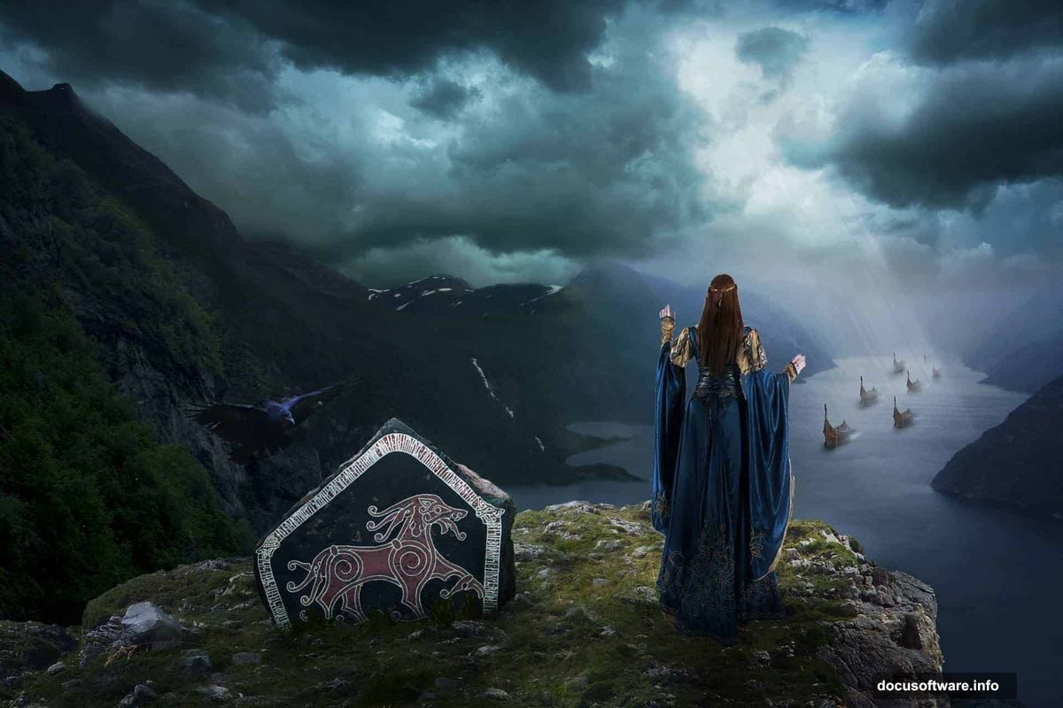 Layered Scandinavian landscape with misty fjords water and mountains