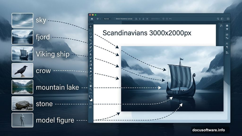 Stock images organized into layered Scandinavian scene on Photoshop canvas
