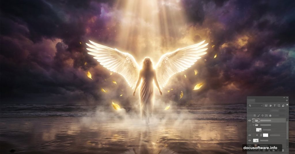 Glowing angel with wings on stormy beach created in Photoshop