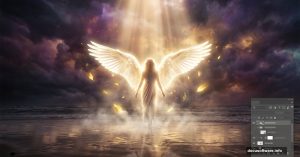 Glowing angel with wings on stormy beach created in Photoshop