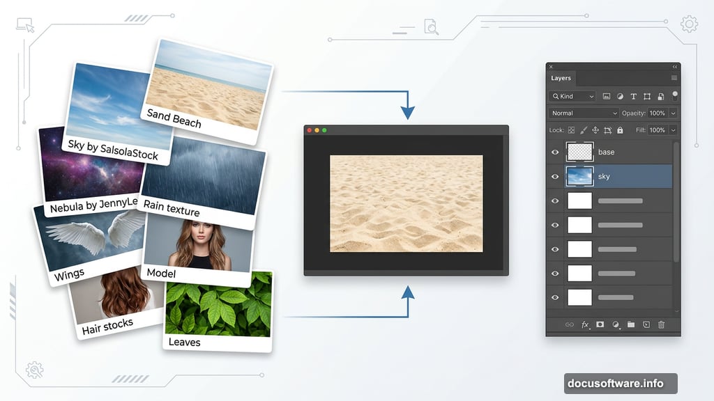 Multiple stock photos composited onto Photoshop canvas as Smart Objects