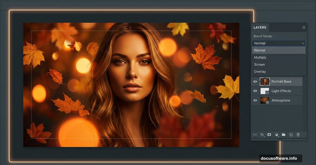Photoshop autumn portrait composite with warm bokeh and moody lighting