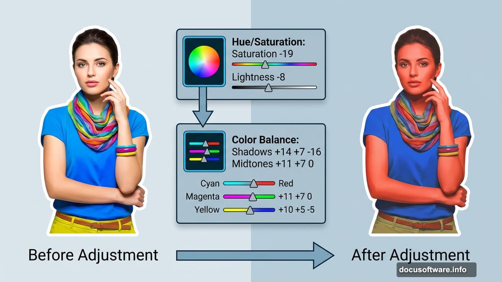 Hue Saturation and Color Balance adjustments blend model into autumn scene