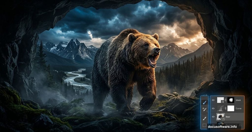Dramatic bear photo manipulation composite created in Adobe Photoshop