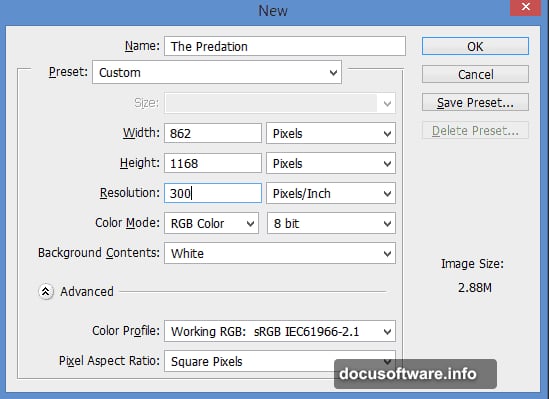 Photoshop new document setup with 300 pixels per inch resolution