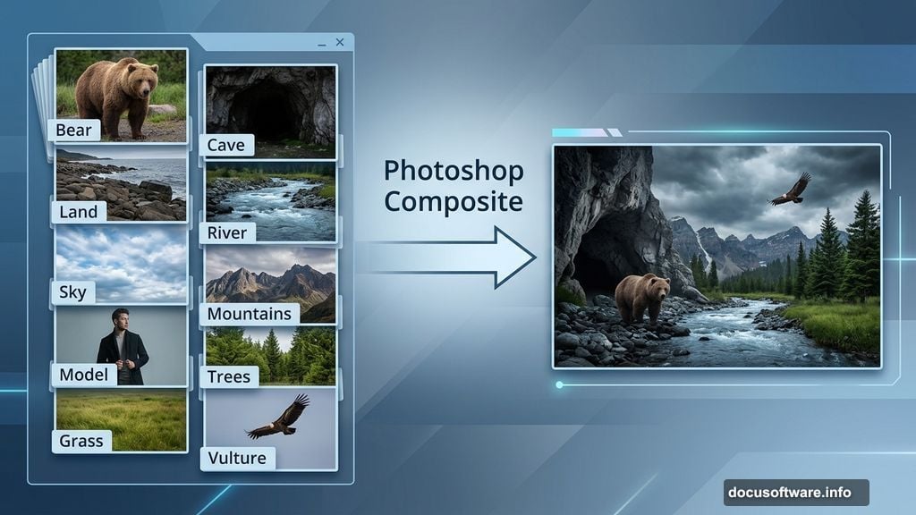 Multiple stock photos blended into one cohesive Photoshop composite scene
