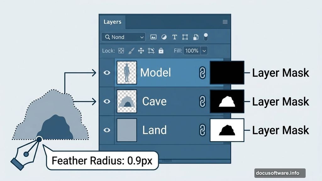Layer masking with Pen Tool selection and feather radius in Photoshop