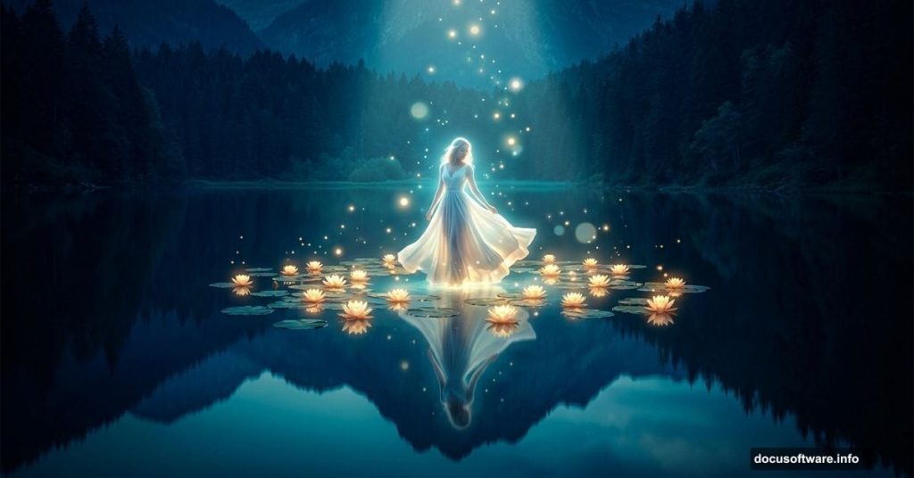 Glowing fantasy lake scene with woman surrounded by magical water lilies