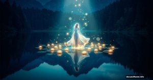 Glowing fantasy lake scene with woman surrounded by magical water lilies
